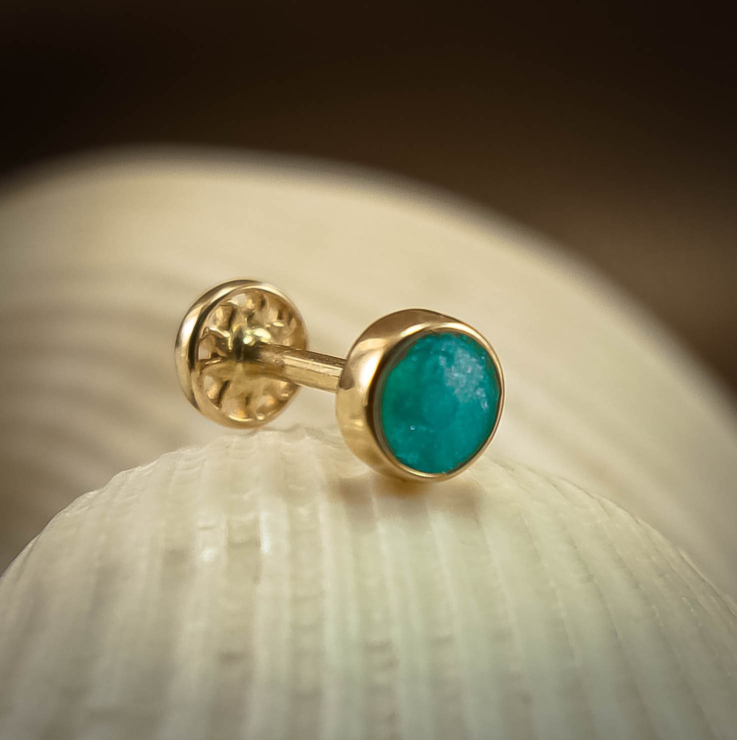 14K Gold Dainty Piercing with Turquoise Gemstone, Minimalist Solid Gold Earring, Tiny Stud Piercing, Small Gold Earrings