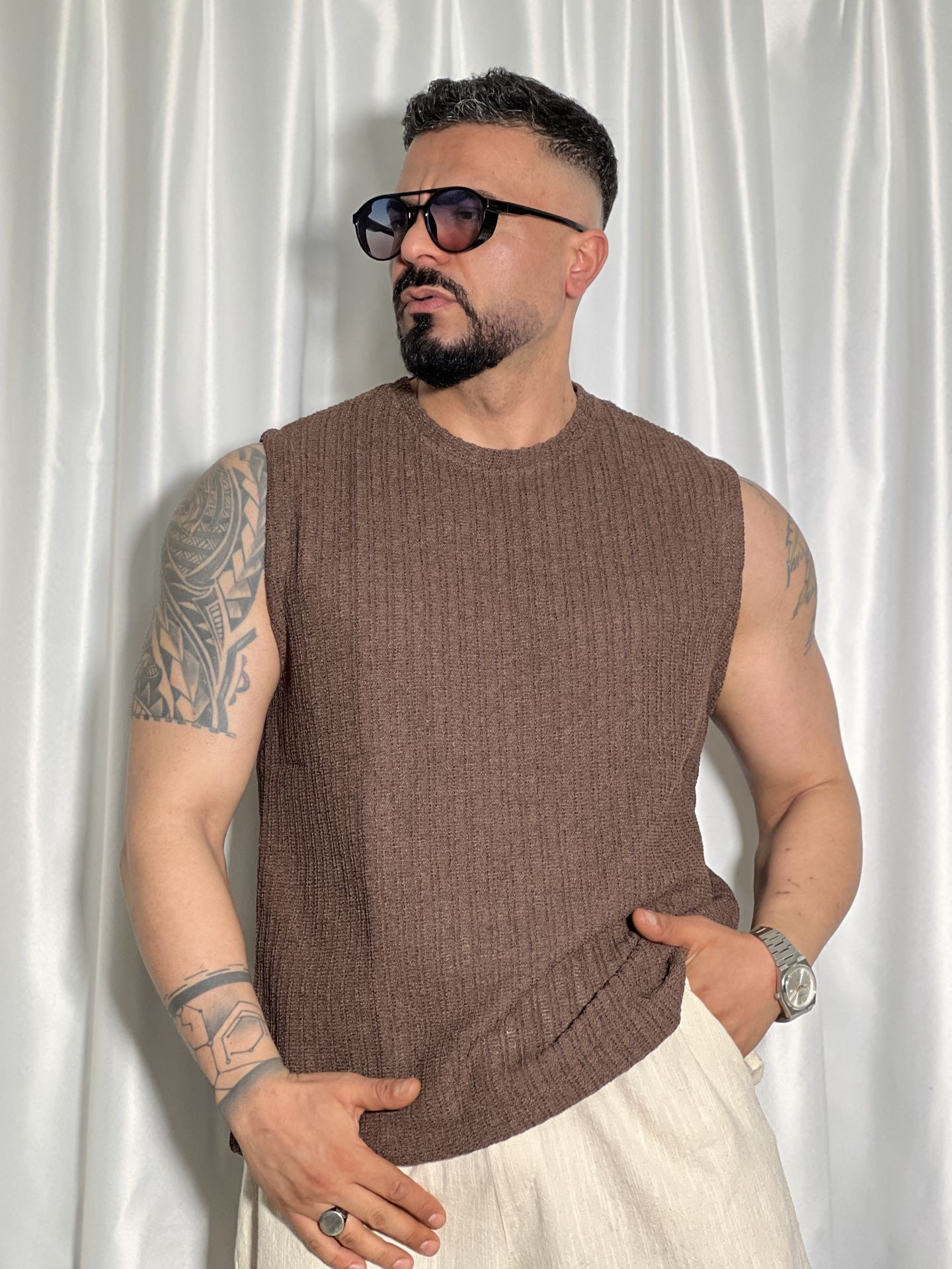 Premium Keten Sıfır Kol T-Shirt
