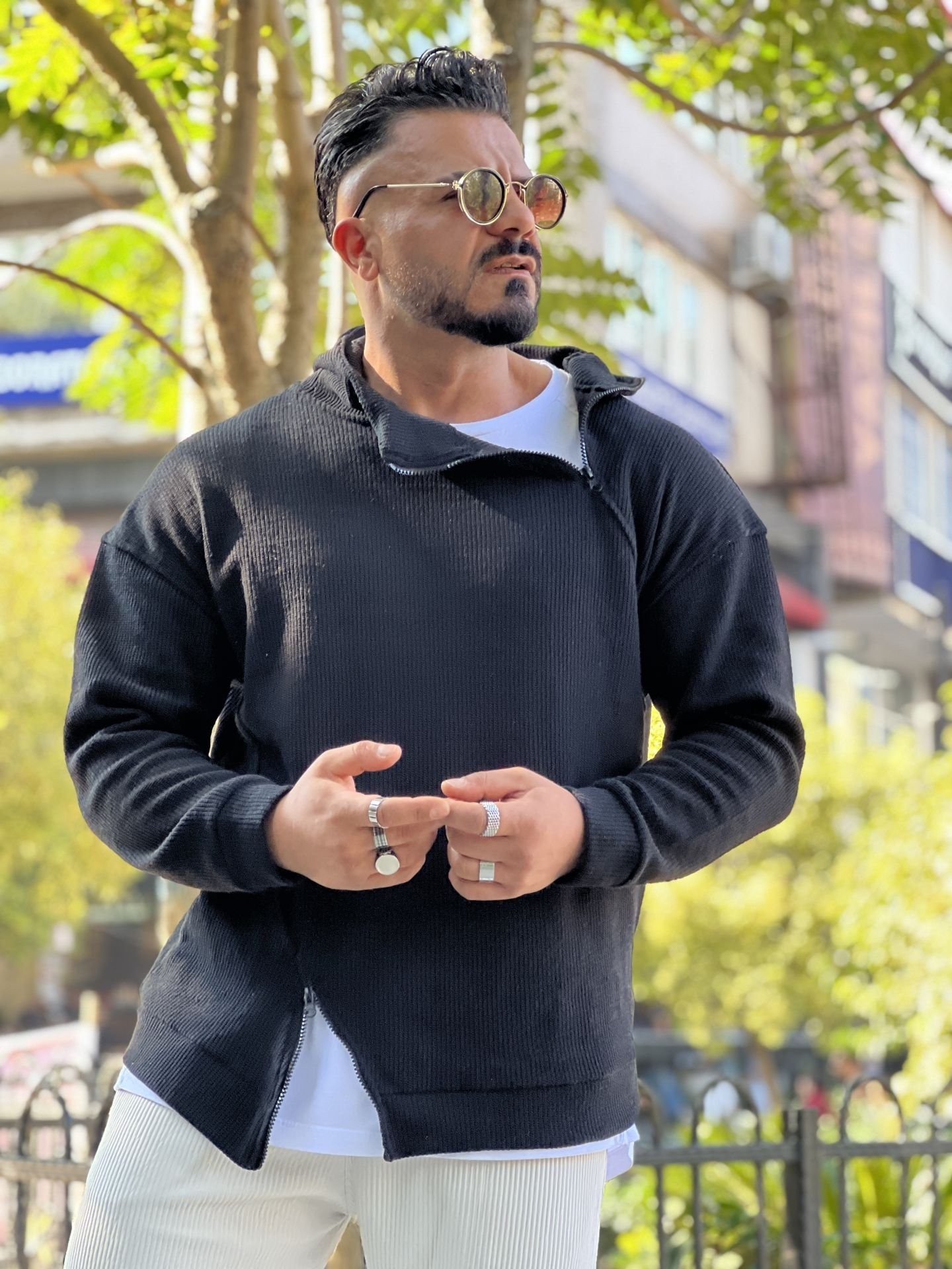 Waffle Kumaş Çift Fermuar Sweat