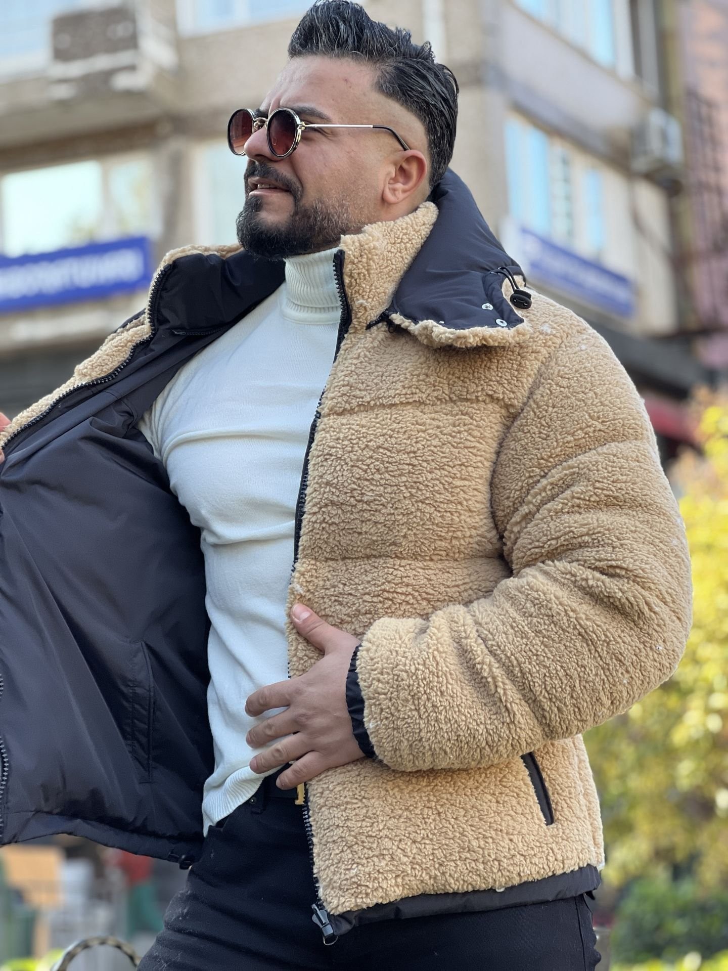 Çift Taraflı Çıkarılabilir Kapşon Kuzu Peluş Ultra Dolum Şişme Mont