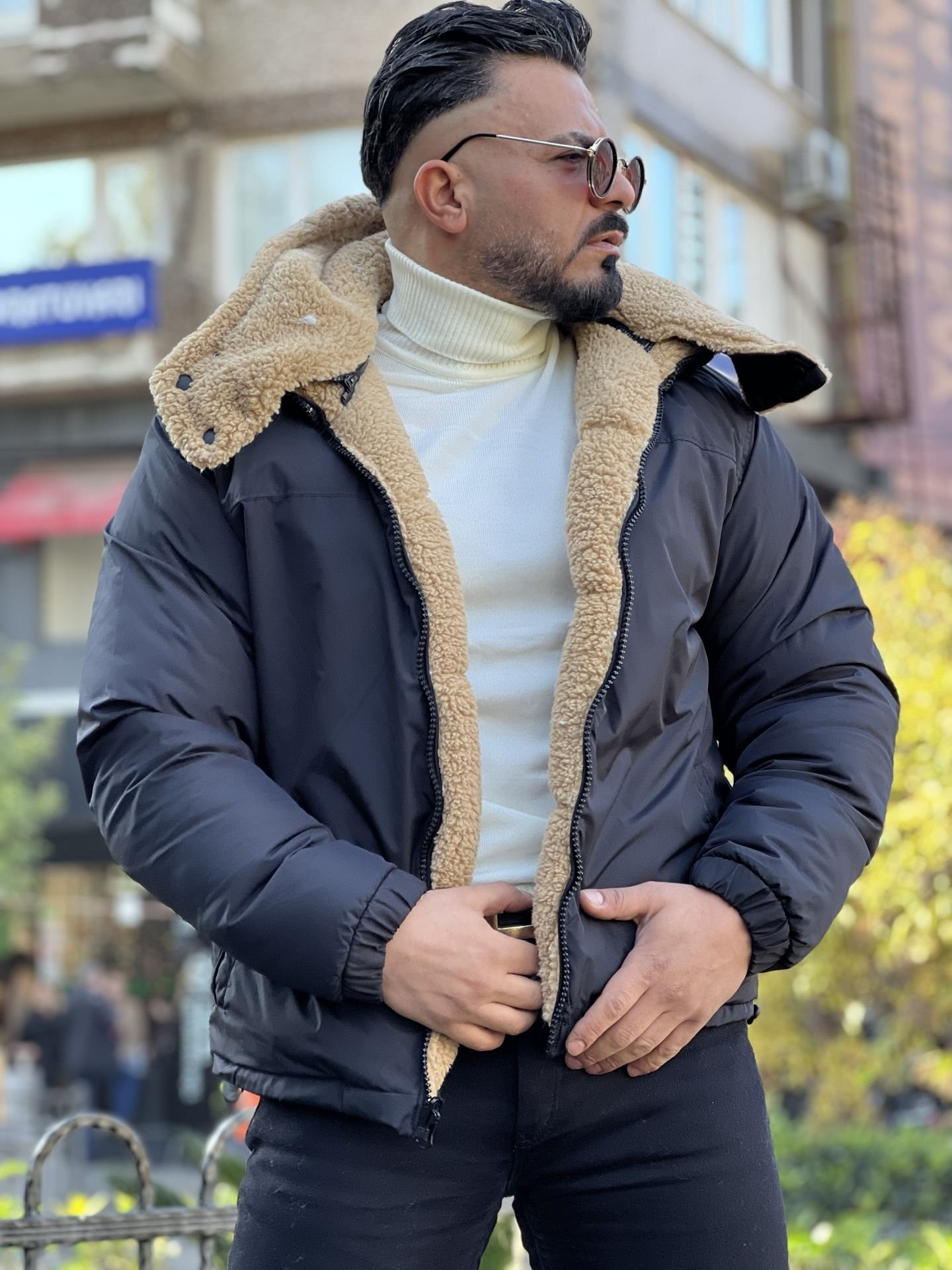 Çift Taraflı Çıkarılabilir Kapşon Kuzu Peluş Ultra Dolum Şişme Mont