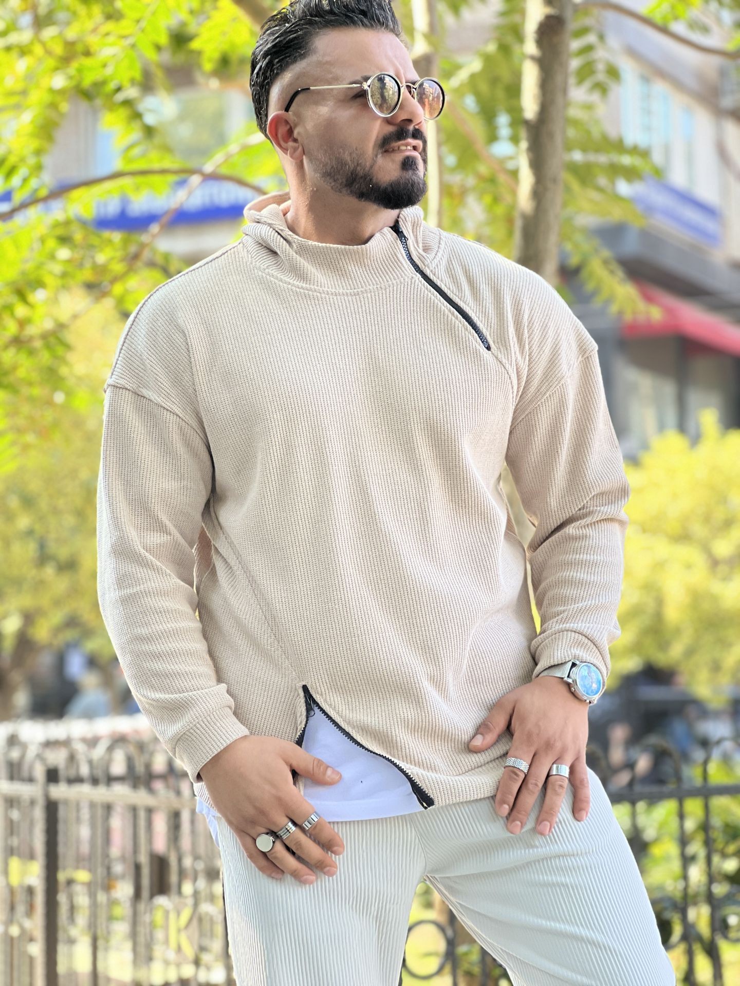Waffle Kumaş Çift Fermuar Sweat