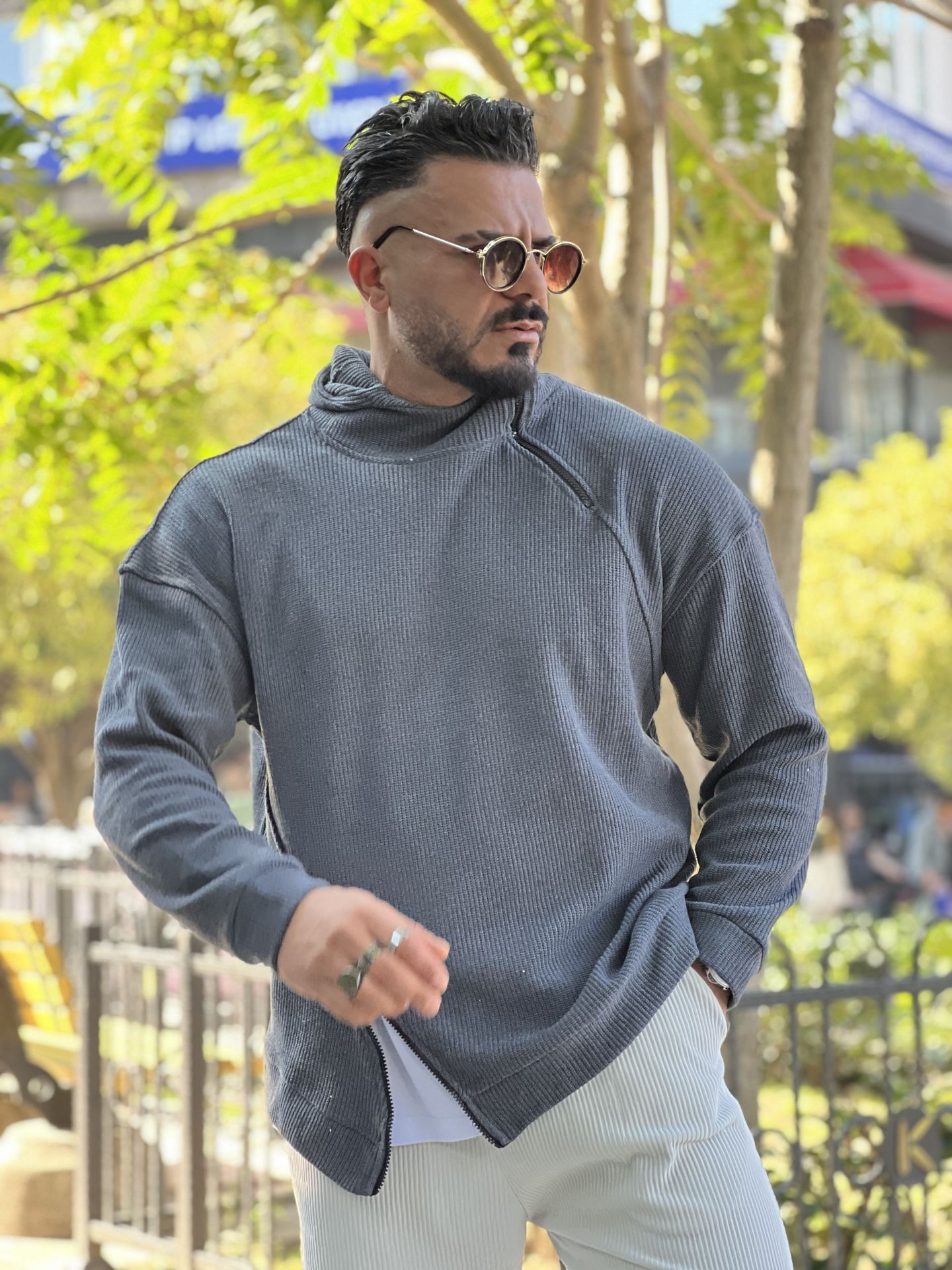 Waffle Kumaş Çift Fermuar Sweat