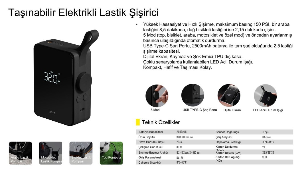 HOTO Taşınabilir Elektrikli Lastik Şişirme Cihazı QWCQB001