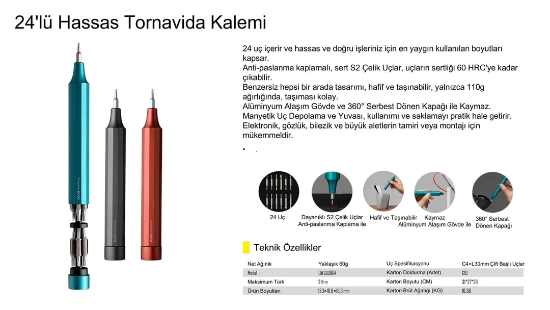 HOTO 24'ü 1 arada Hassas Tornavida Gri