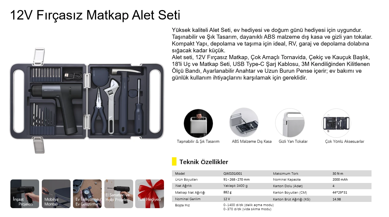 HOTO 12V Fırçasız Matkap Alet Seti