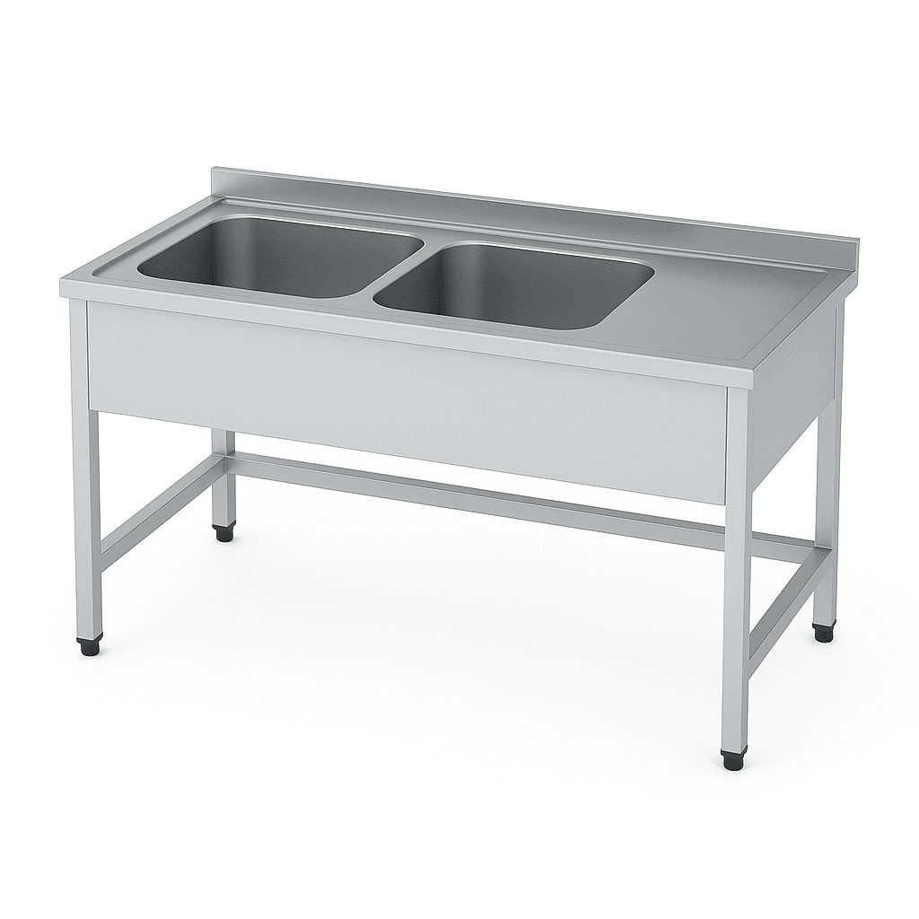 Paslanmaz Çift Evyeli Tezgah - Taban Rafsız, Sol Yön (60cm Derinlik 430 Kalite)