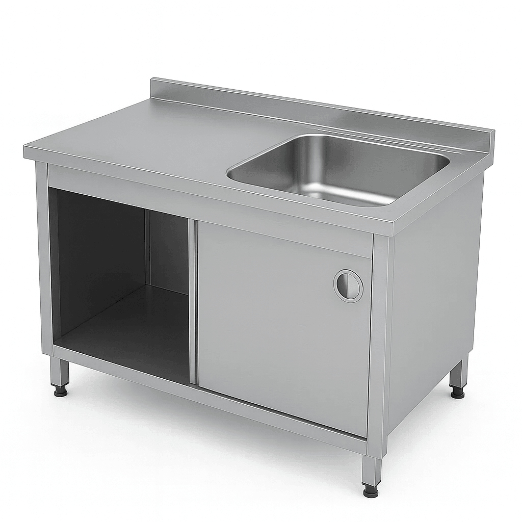 Paslanmaz Evyeli Dolaplı Tezgah - Sürgü Kapaklı, Sağ Yön (60cm Derinlik 430 Kalite)