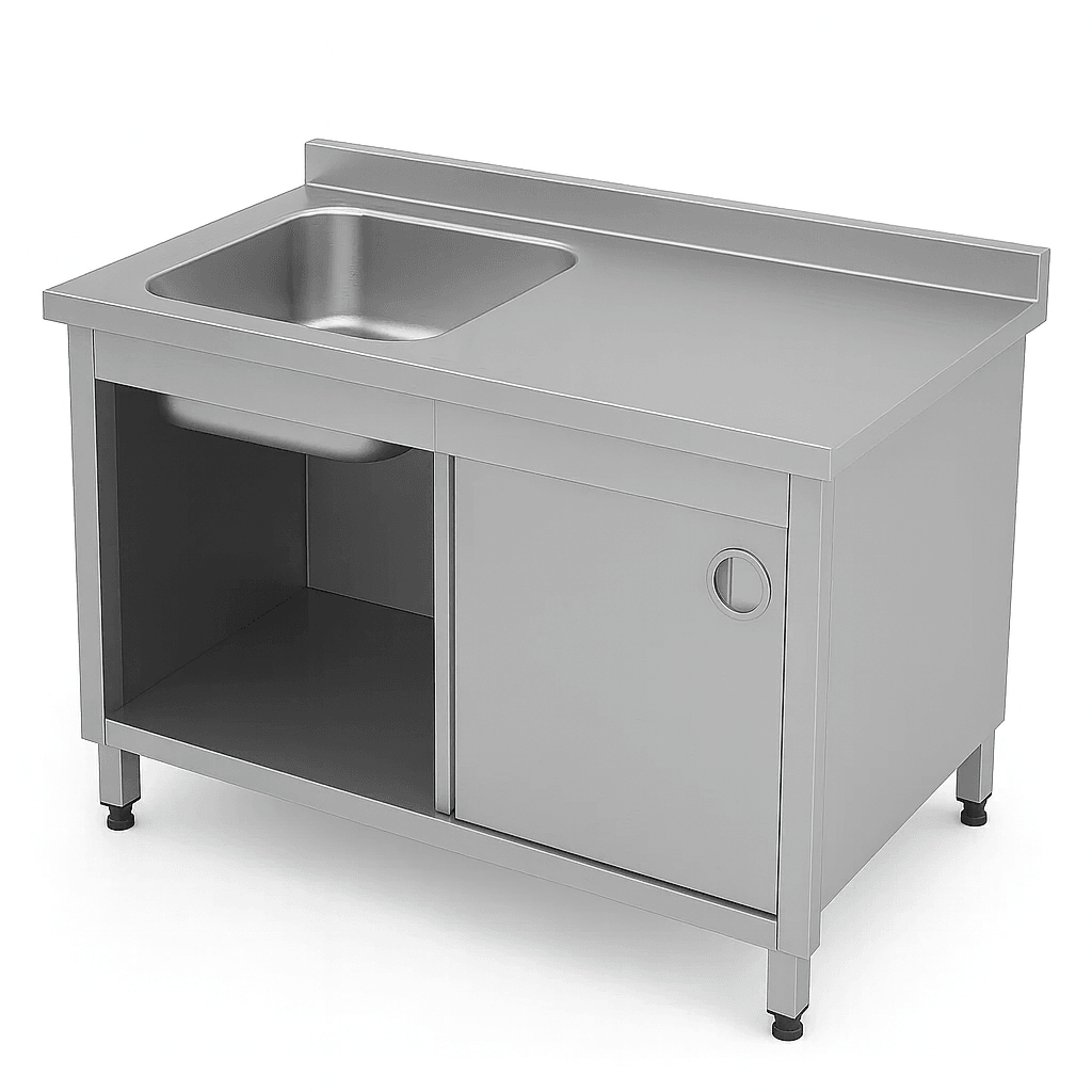 Paslanmaz Evyeli Dolaplı Tezgah - Sürgü Kapaklı, Sol Yön (70cm Derinlik 430 Kalite)