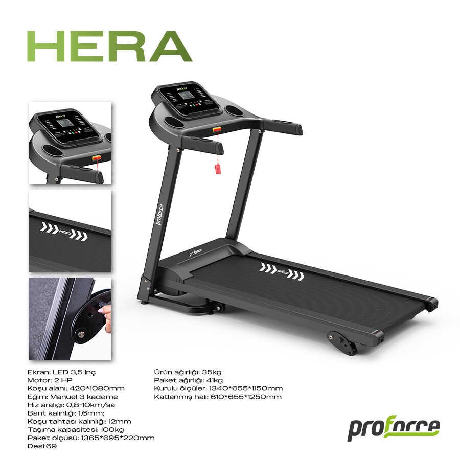 Hera Koşu Bandı, Eğimli, 10km Hız, Katlanabilir, 2HP motor