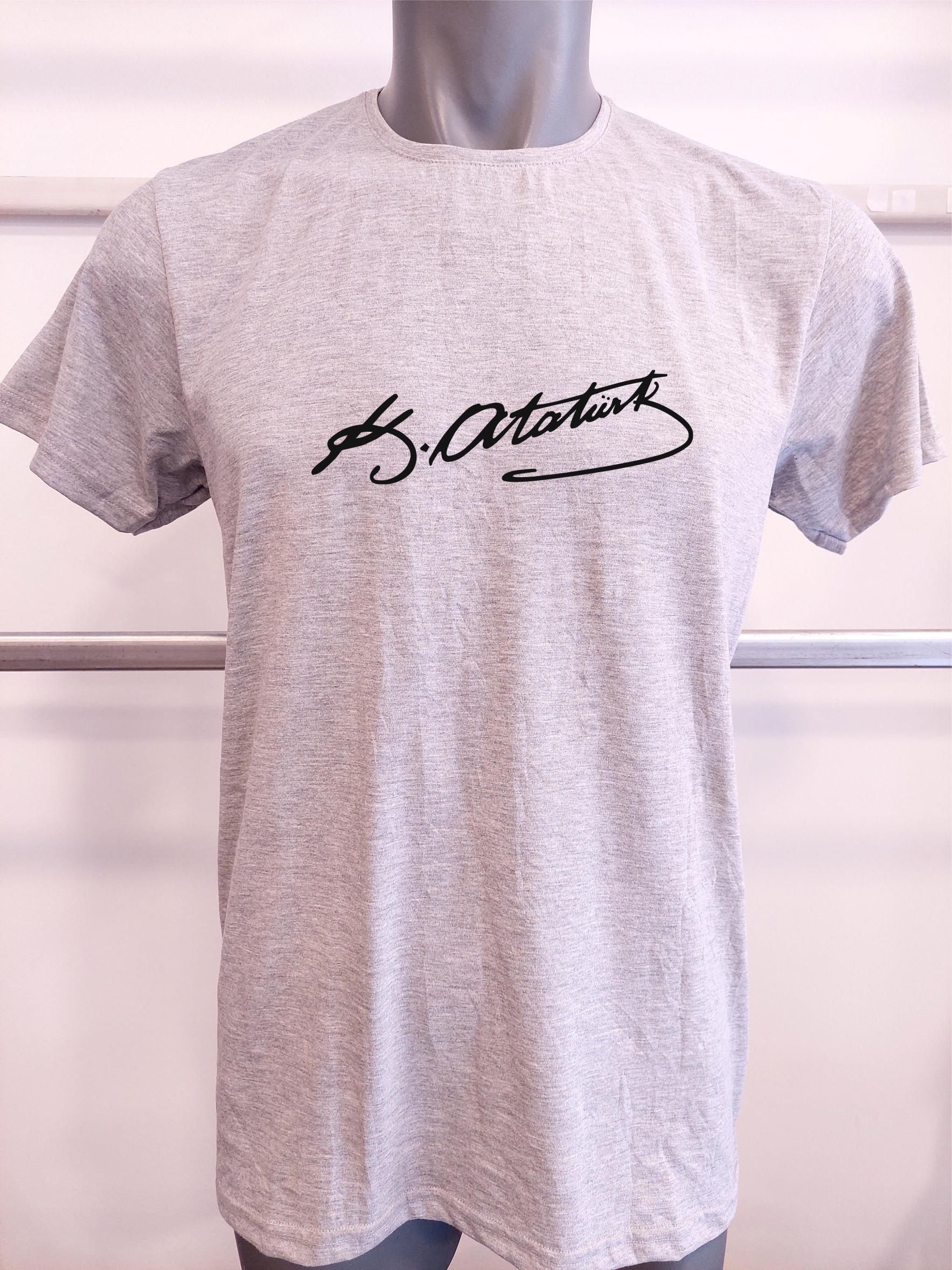 BASKILI T-SHIRT-ATATÜRK İMZASI - Gri