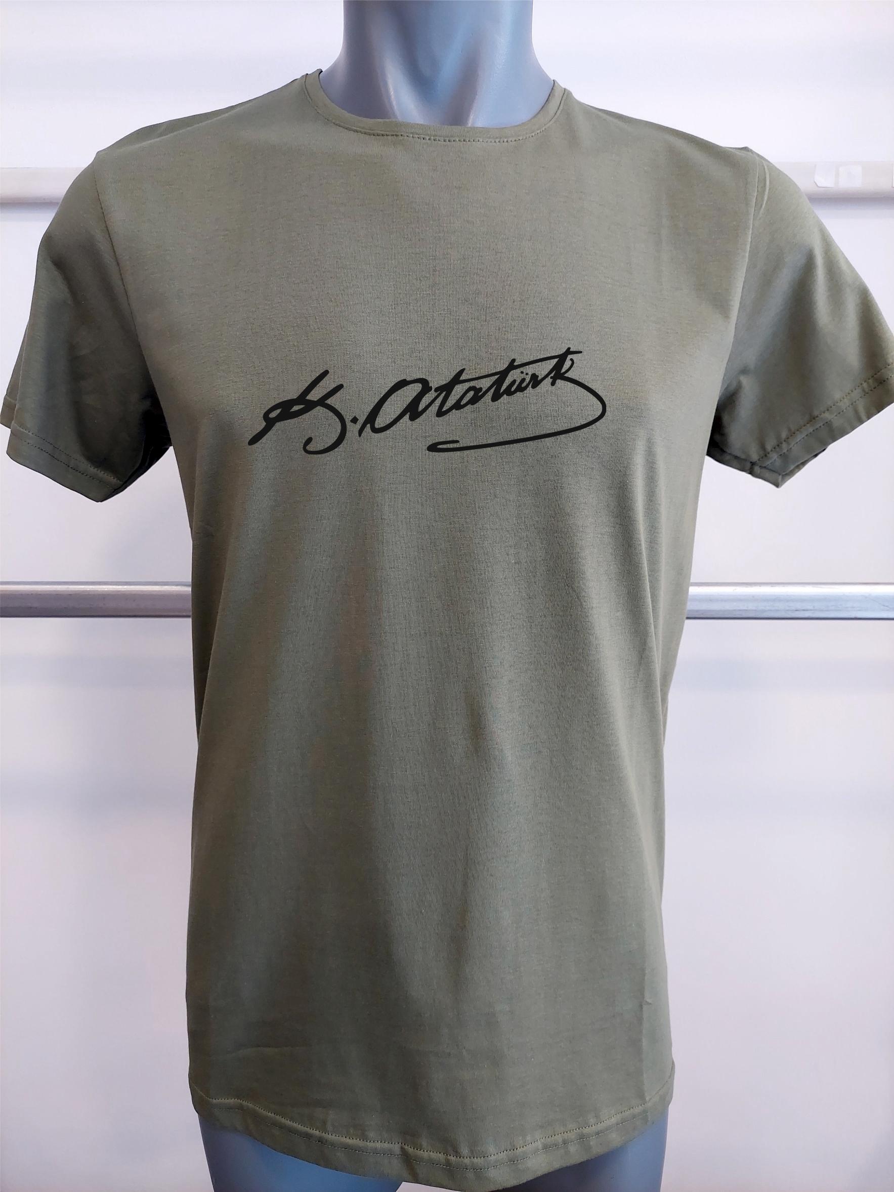 BASKILI T-SHIRT-ATATÜRK İMZASI - haki