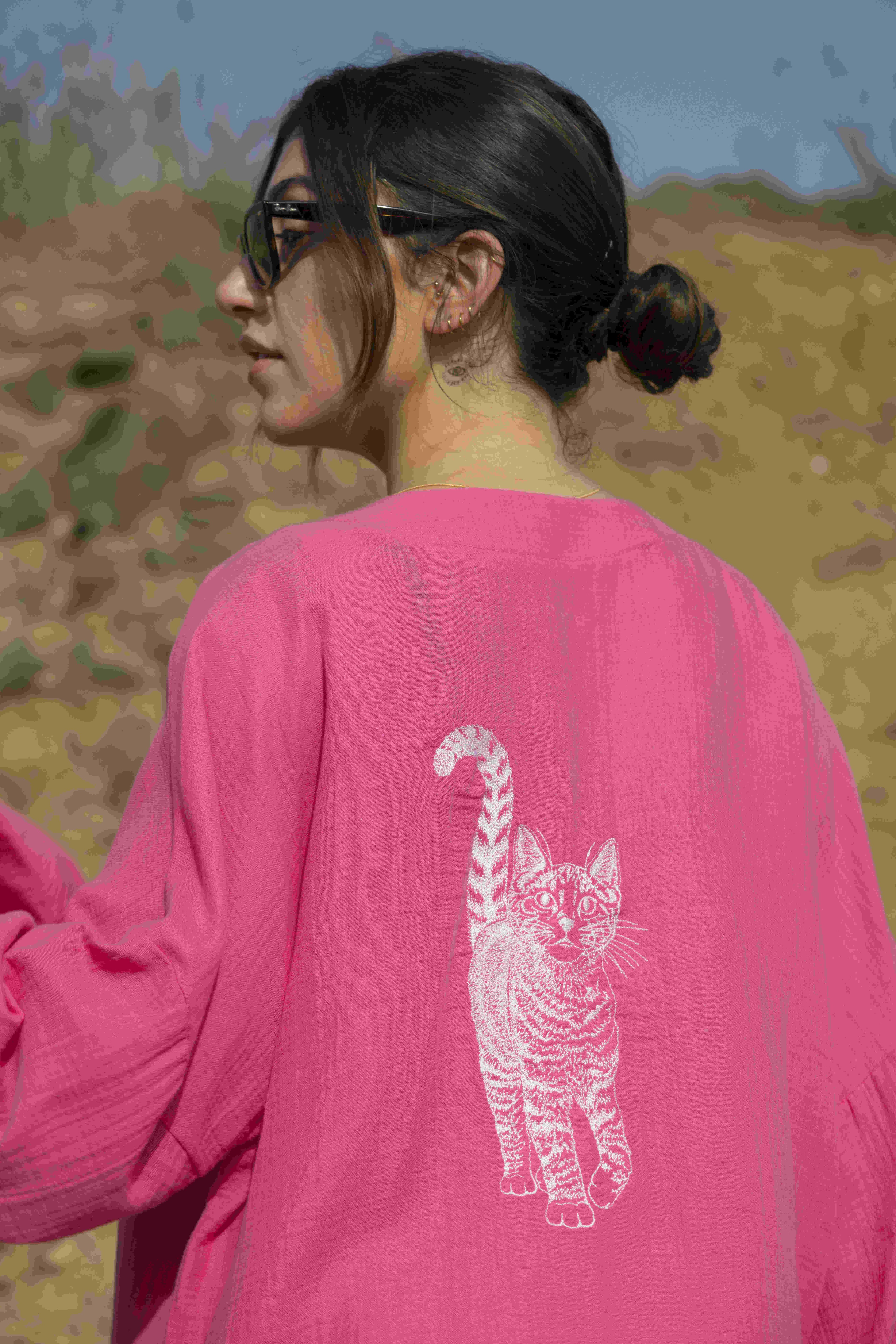 Muslin Kimono with Cat Embroidery - Fuchsia