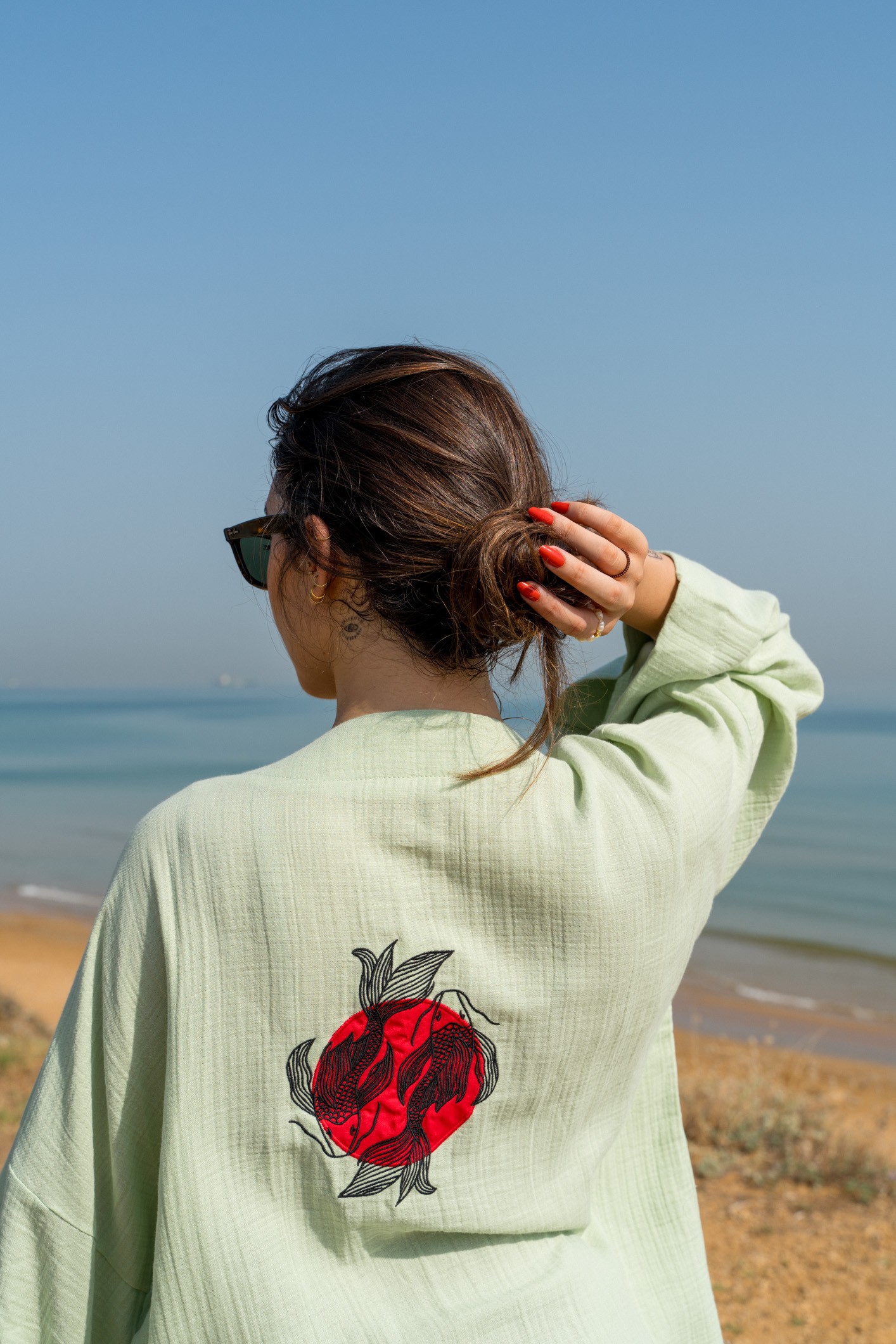 Muslin Kimono with Koi Fish Embroidery - Mint