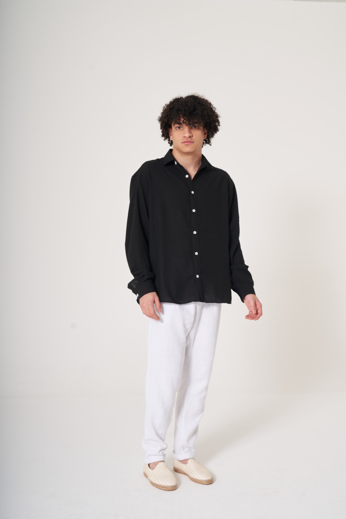 Long Sleeve Linen Shirt  - Black