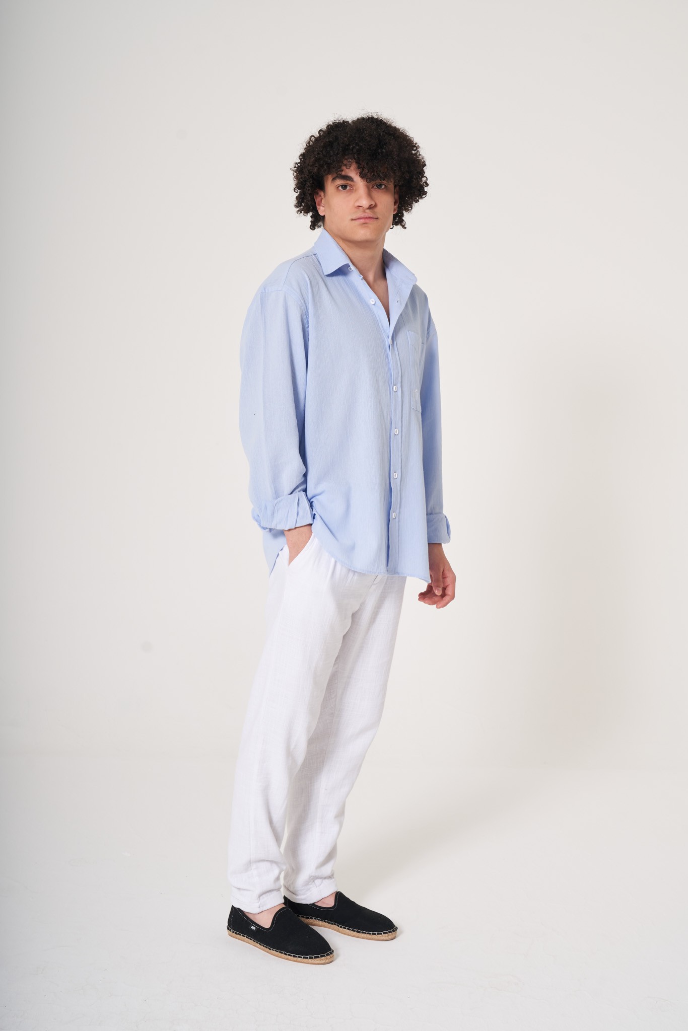 Crinkle Long Sleeve Shirt - Light BLue