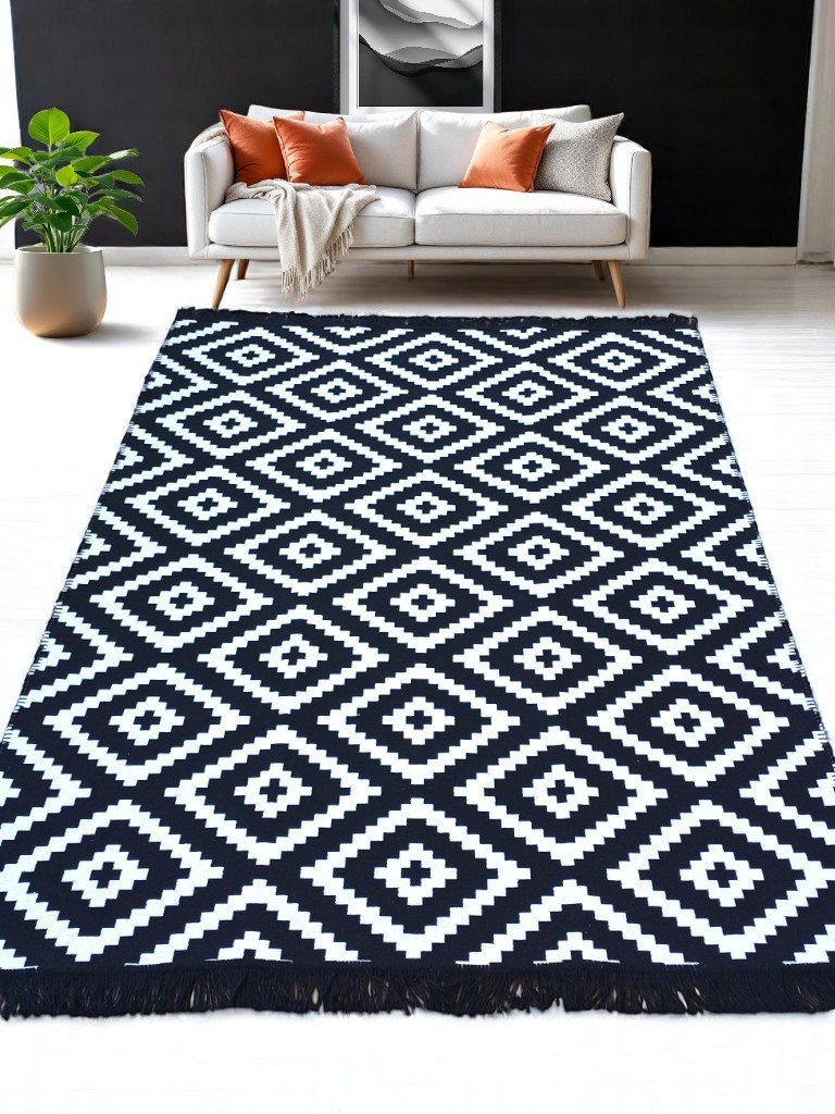 Dokuma Kilim Siyah Saçak Siyah Beyaz 