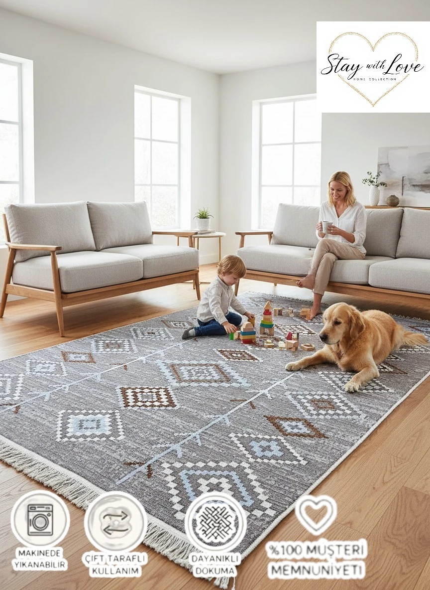 Kilim Çift Taraflı Dokuma Kilim Kahverengi-Krem