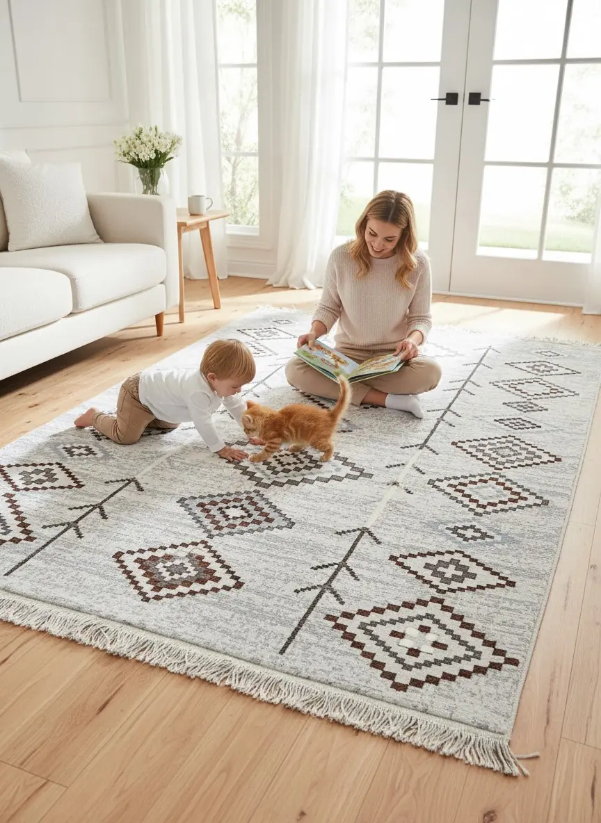 Kilim Çift Taraflı Dokuma Kilim Kahverengi-Krem