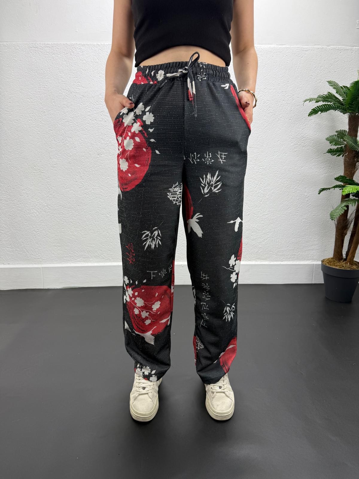 ÖZGÜRLÜK DESEN FLAMLI KETEN BAGGY PANTALON