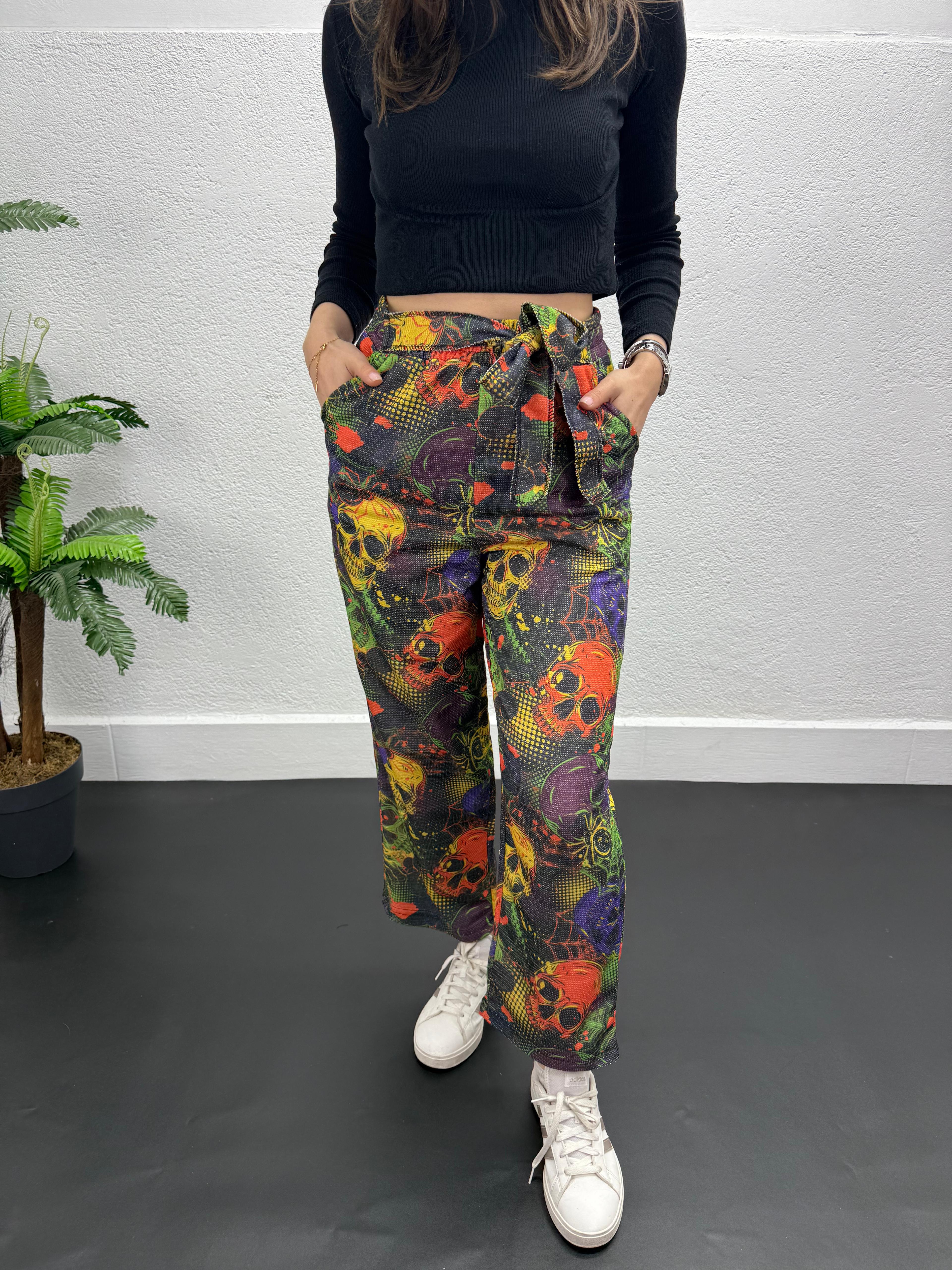 UNİSEX KALIP FLAMLI KETEN KUMAŞ BAGGY PANTALON
