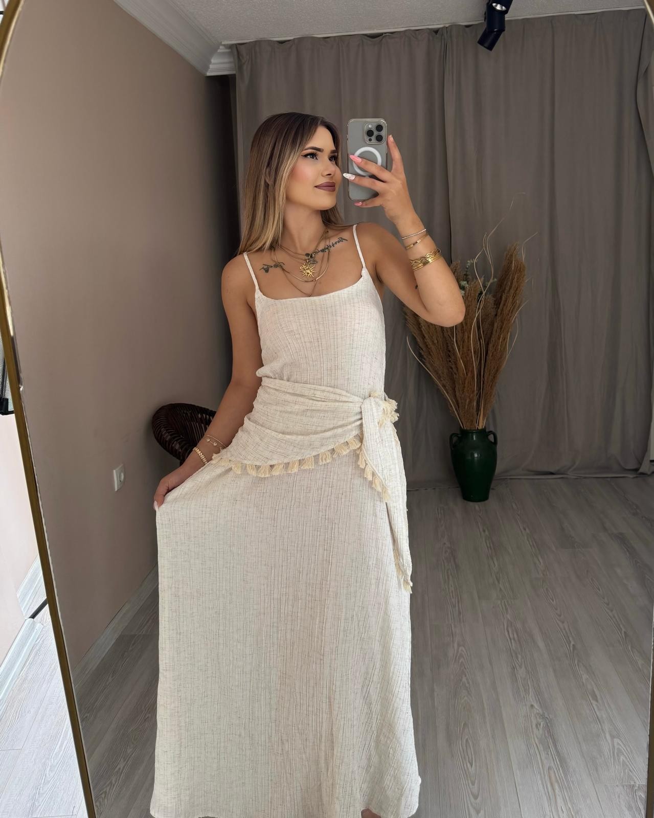LİSH BAĞLAMALI KETEN ELBİSE