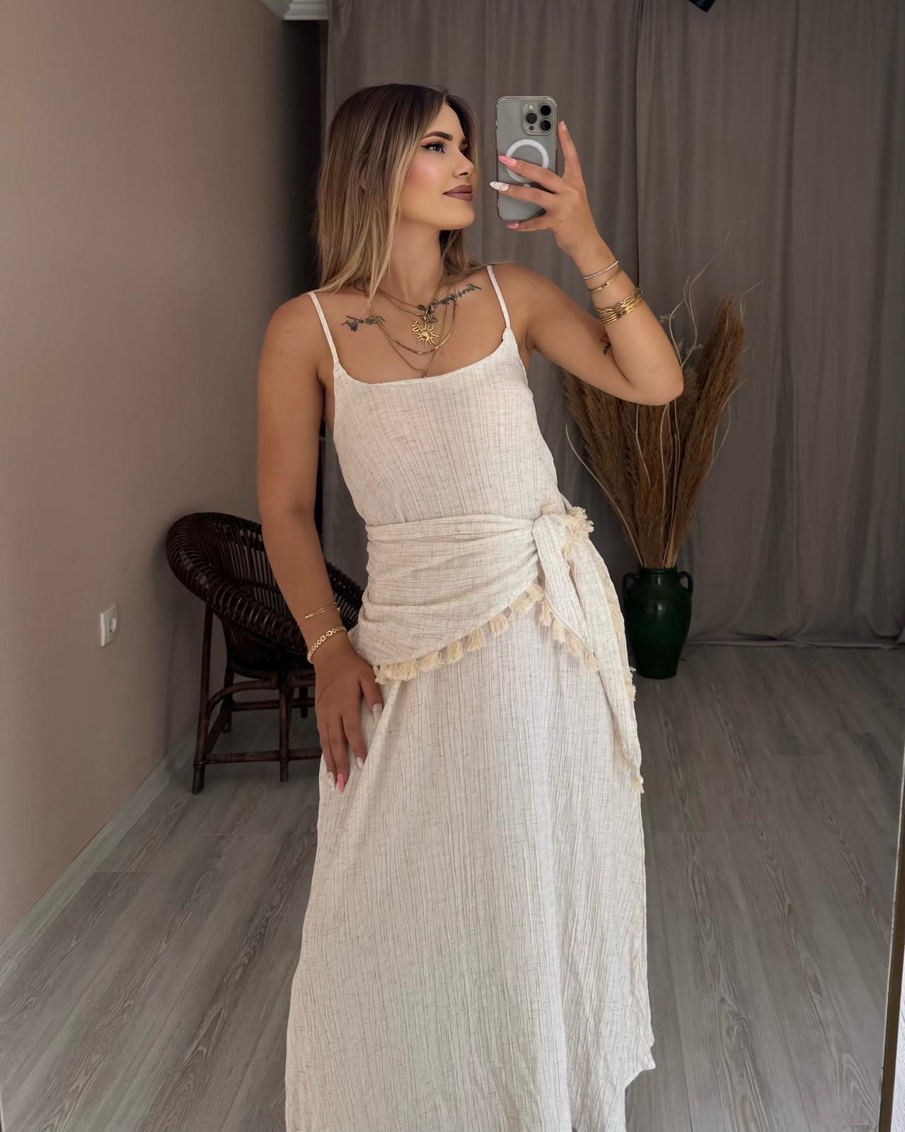 LİSH BAĞLAMALI KETEN ELBİSE