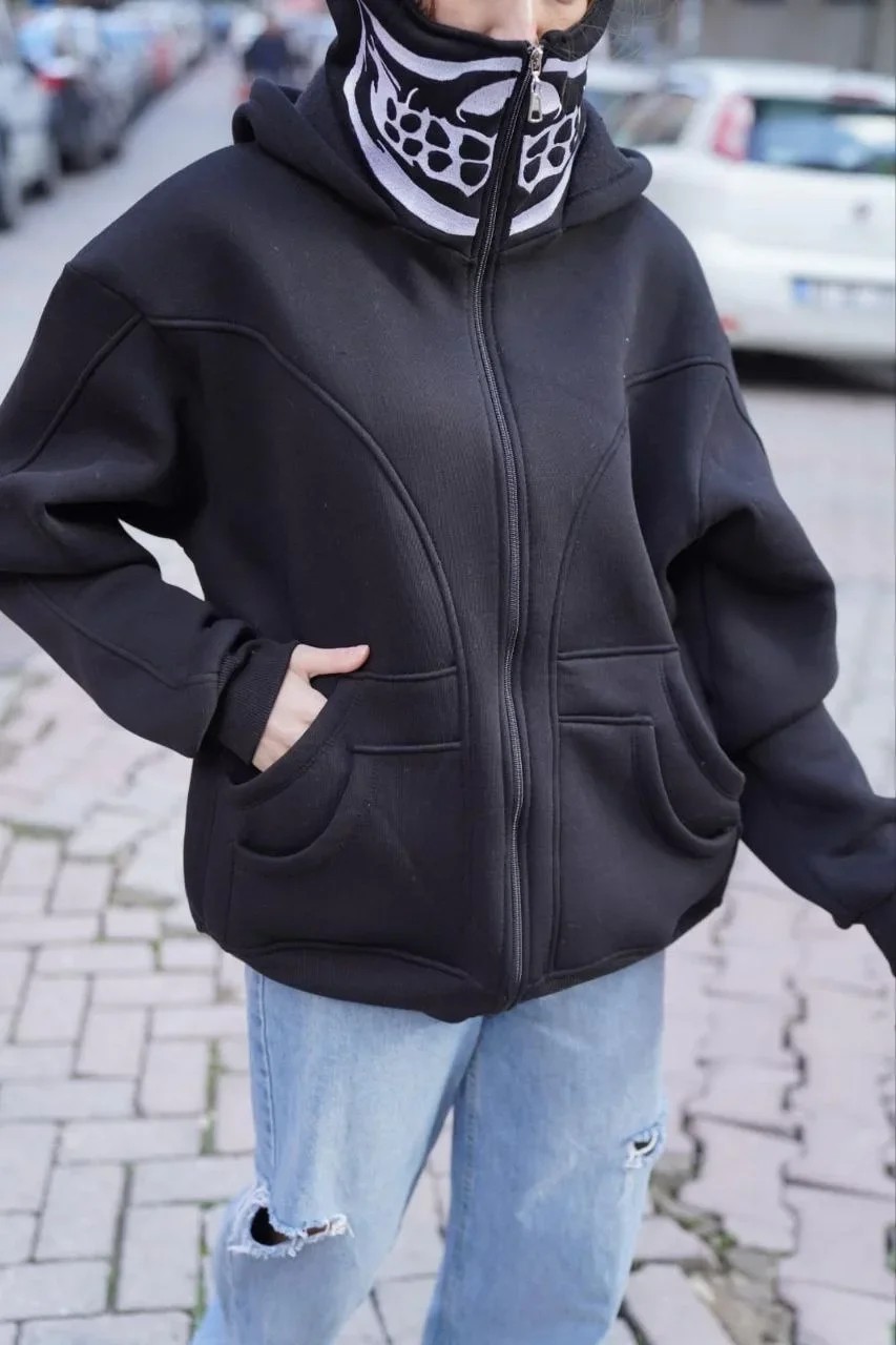 Samuray Kapşonlu ZIP Fermuarlı Çift Kapşonlu Nakışlı SweatShirt