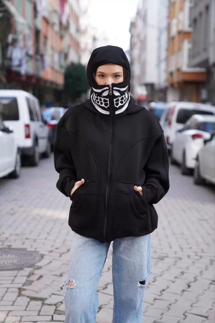 Samuray Kapşonlu ZIP Fermuarlı Çift Kapşonlu Nakışlı SweatShirt