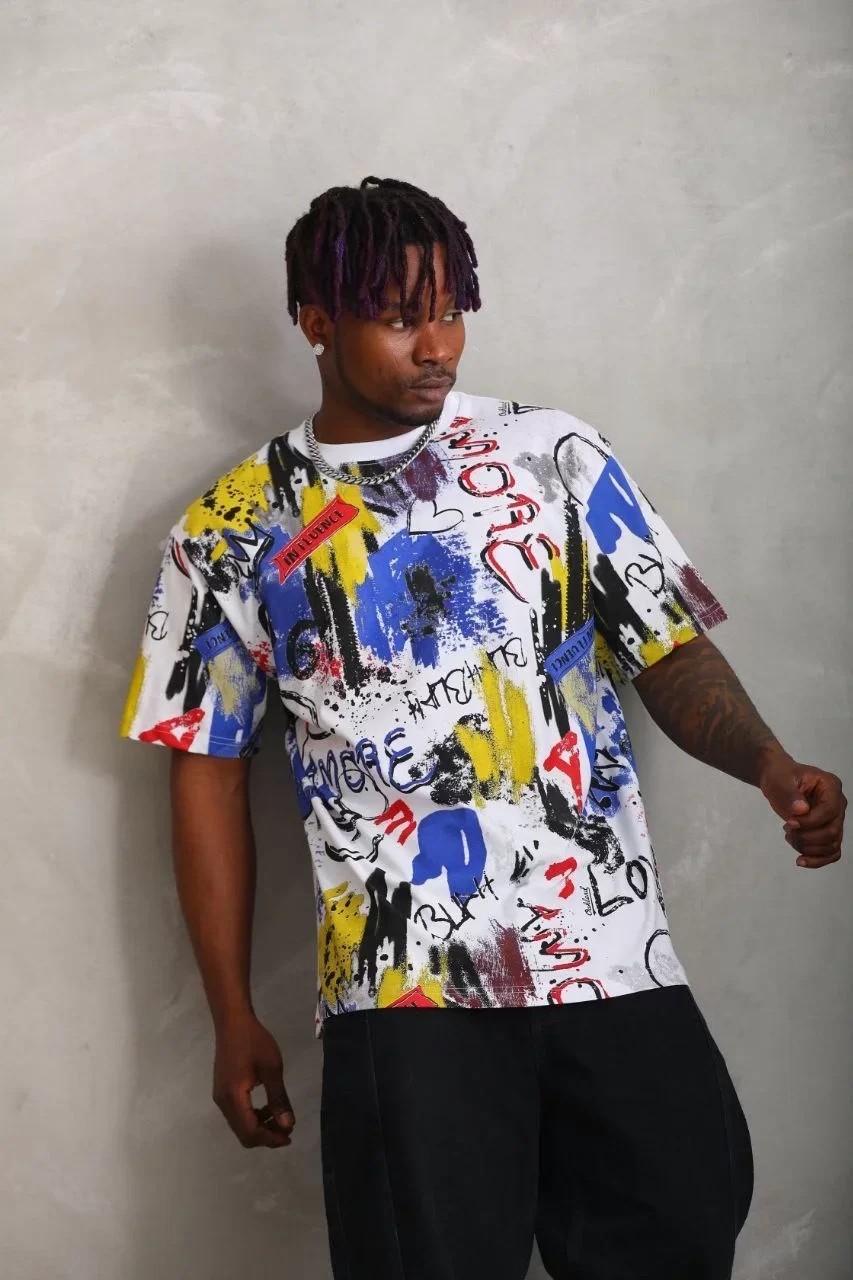 Unisex Oversize Baskılı Bisiklet Yaka Tişört