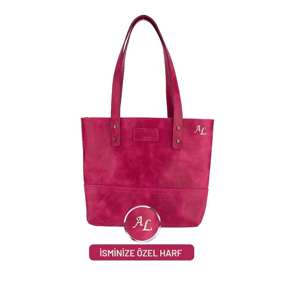 Twingold Kişiye Özel %100 Deri Rainbow Fuşya Tote Bag
