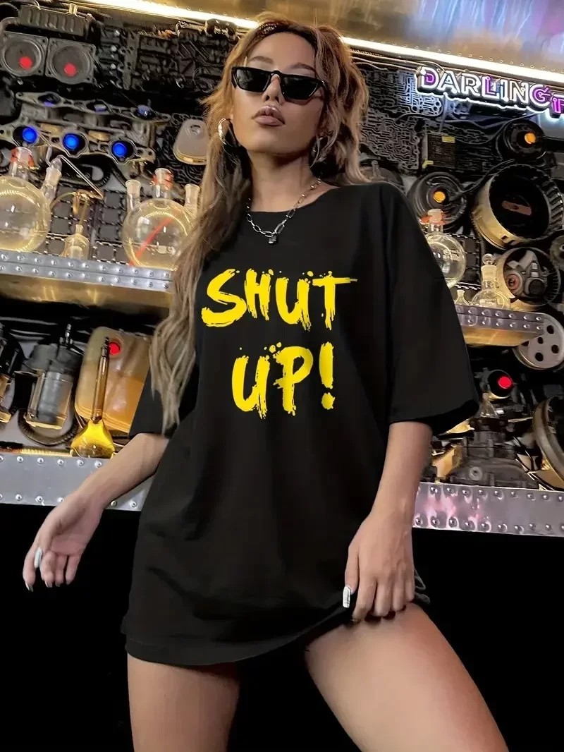 Shut up Baskılı Oversize Bisiklet Yaka Kısa Kol Tişört