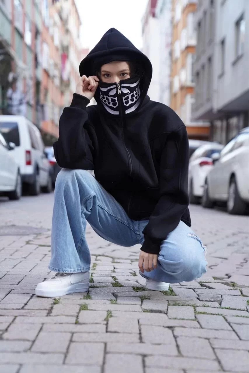 Samuray Kapşonlu ZIP Fermuarlı Çift Kapşonlu Nakışlı SweatShirt