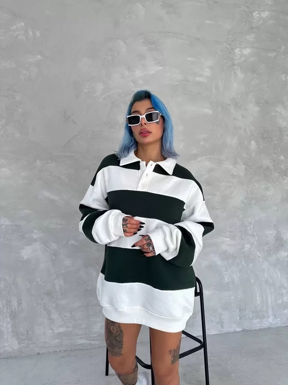 Unisex Üç İplik Parçalı Yakalı Sweatshirt