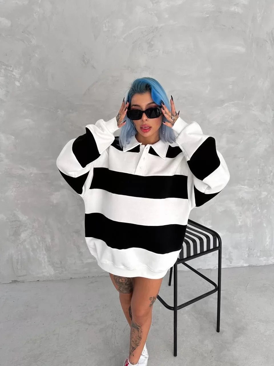 Unisex Üç İplik Parçalı Yakalı Sweatshirt