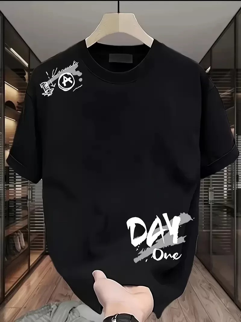 Day One Baskılı Oversize Bisiklet Yaka Tişört