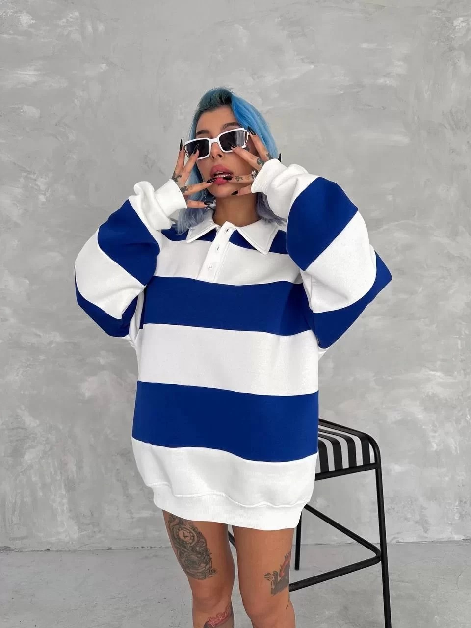 Unisex Üç İplik Parçalı Yakalı Sweatshirt