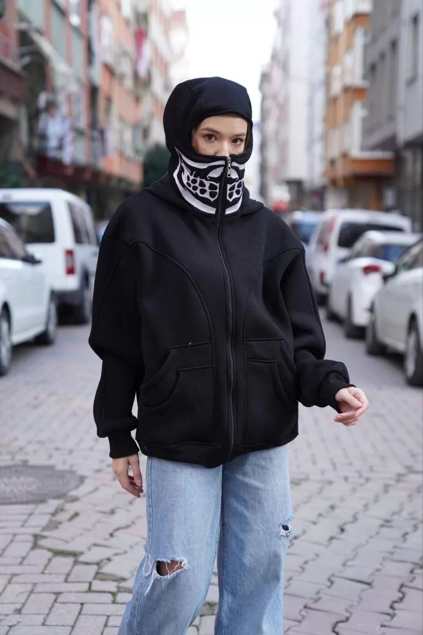 Samuray Kapşonlu ZIP Fermuarlı Çift Kapşonlu Nakışlı SweatShirt