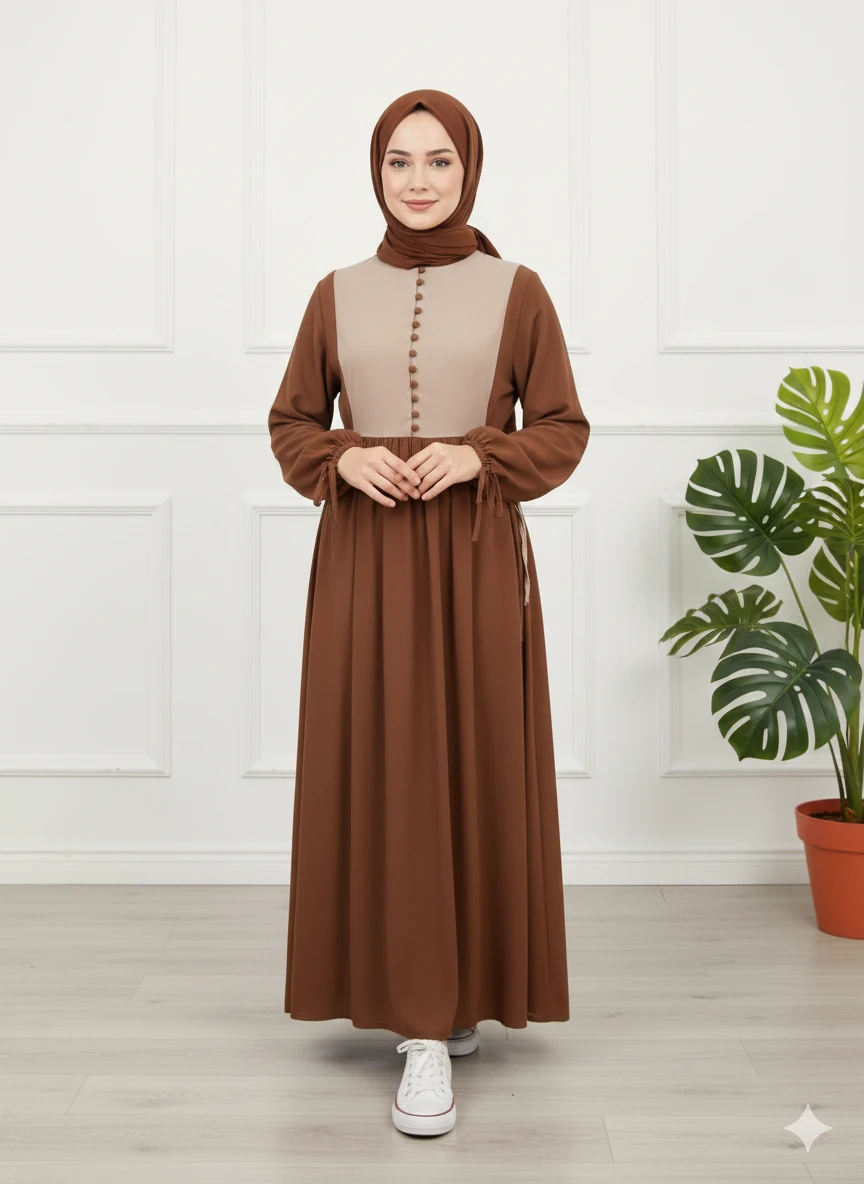 DÜĞMELİ ROBALI ELBİSE - TABA