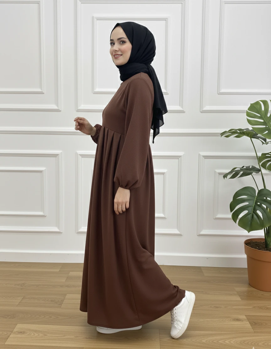 AEROBİN PİLELİ ELBİSE - KAHVERENGİ