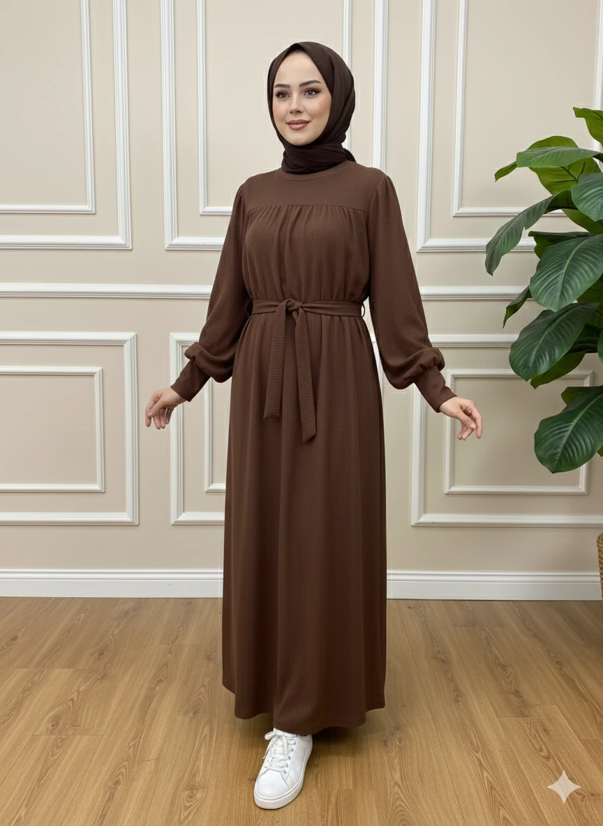 KIŞLIK ROBALI TRİKO ELBİSE - KAHVERENGİ