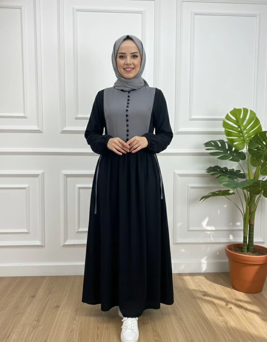 DÜĞMELİ ROBALI ELBİSE - SİYAH