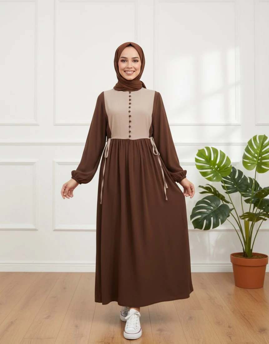 DÜĞMELİ ROBALI ELBİSE - ACIKAHVE