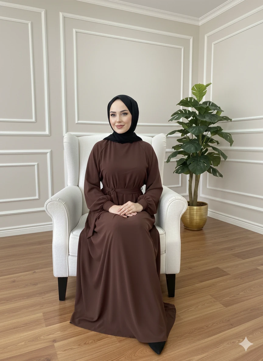 BAĞCIK MANŞET KLOŞ ELBİSE - KAHVERENGİ