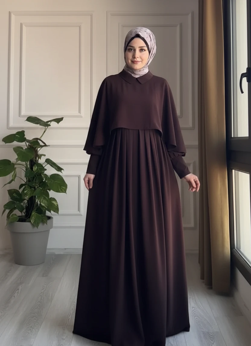 PELERİNLİ ELBİSE - ACIKAHVE