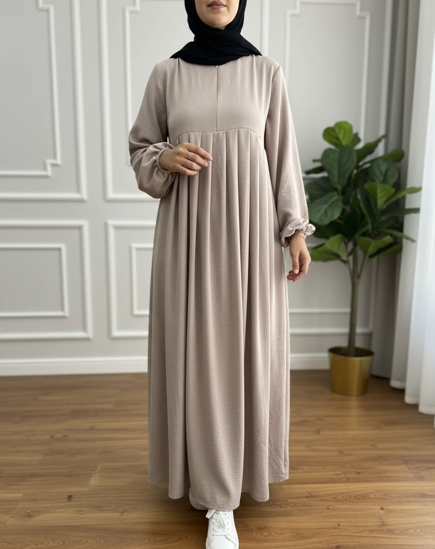 AEROBİN PİLELİ ELBİSE - BEJ