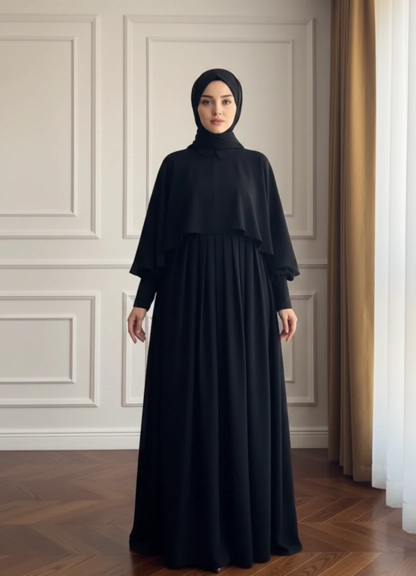 PELERİNLİ ELBİSE - SİYAH