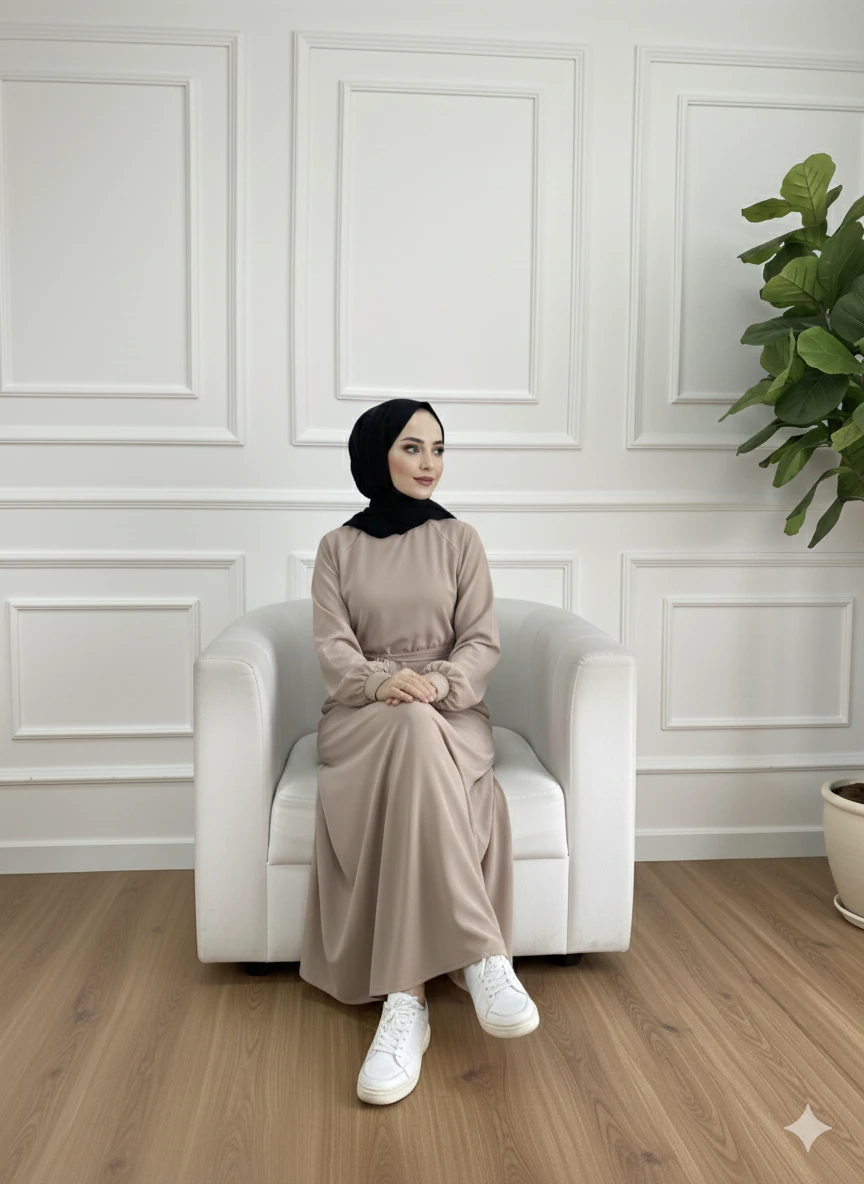 BAĞCIK MANŞET KLOŞ ELBİSE - BEJ