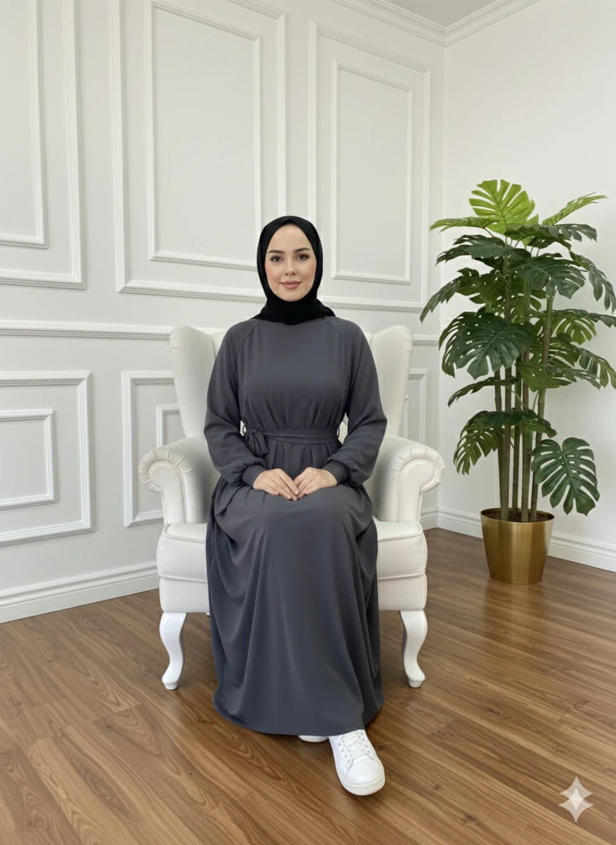 BAĞCIK MANŞET KLOŞ ELBİSE - GRİ