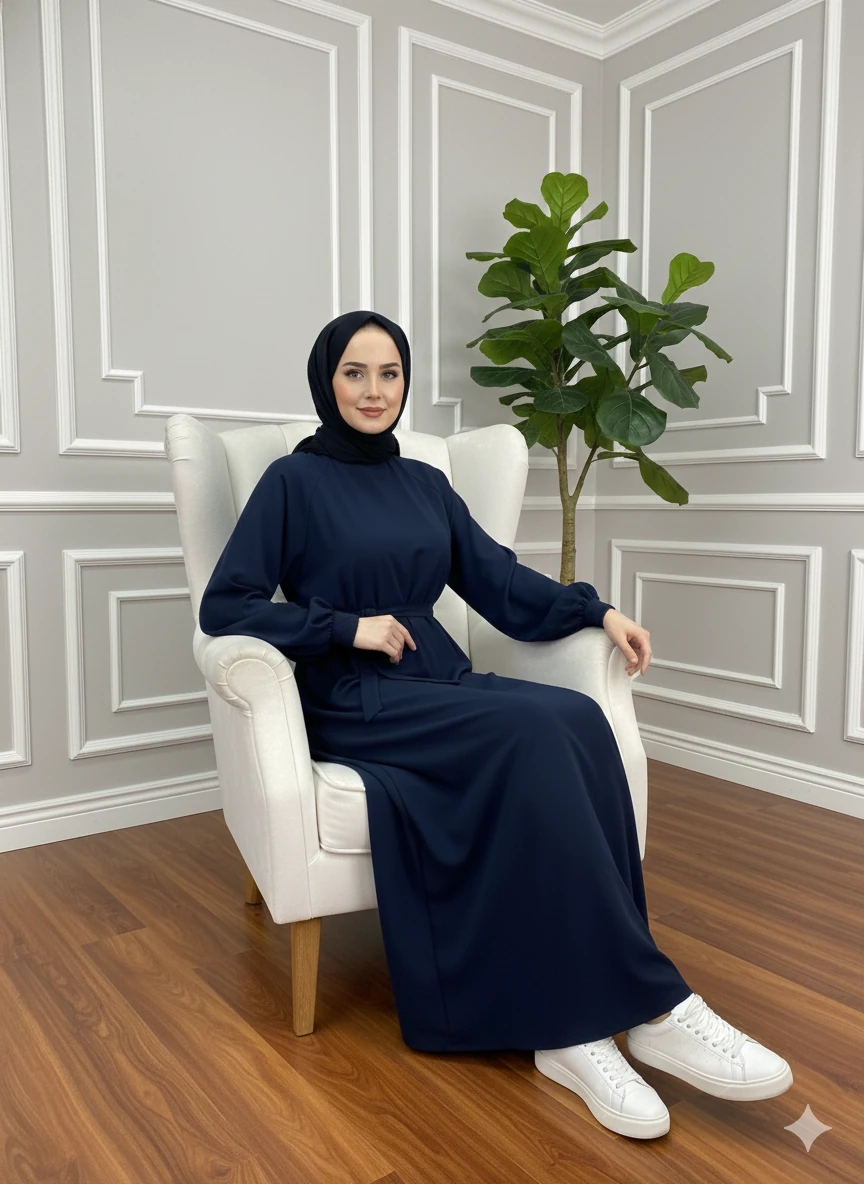 BAĞCIK MANŞET KLOŞ ELBİSE - LACİVERT